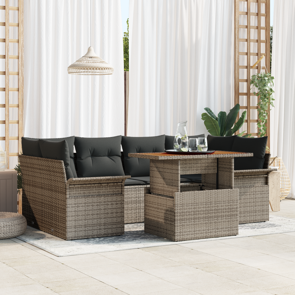 7-piece garden sofa set with cushions, grey poly rattan and acacia wood