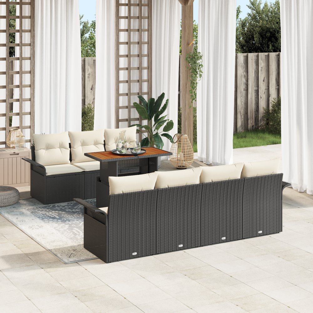 8-Piece Garden Sofa Set with Cushions, Black Poly Rattan, Acacia