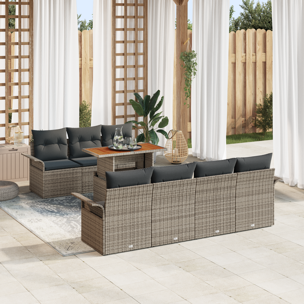 8 Piece Garden Sofa Set with Cushions, Grey Poly Rattan Acacia