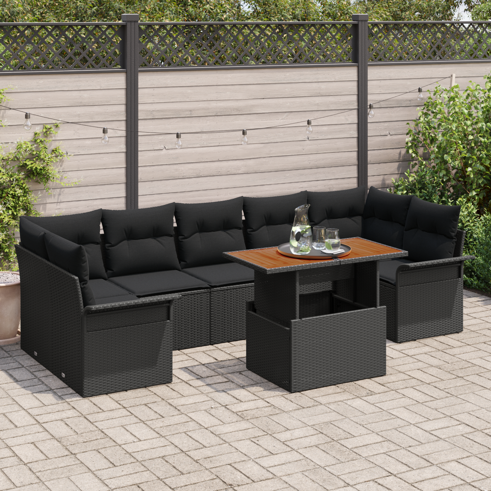 8-piece Garden Sofa Set with Cushions, Black Poly Rattan, Acacia