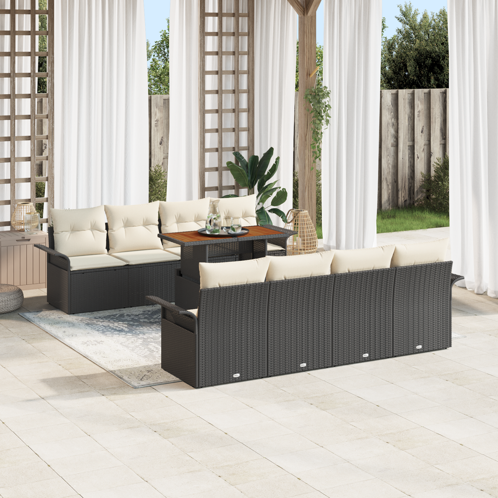 9-piece garden sofa set with cushions, black poly rattan, acacia