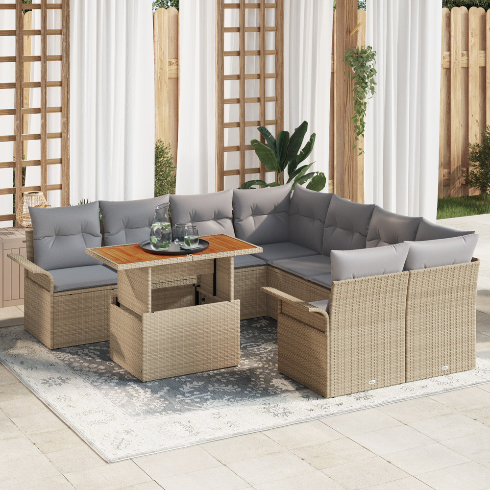 9-piece patio sofa set with sand-colored cushions