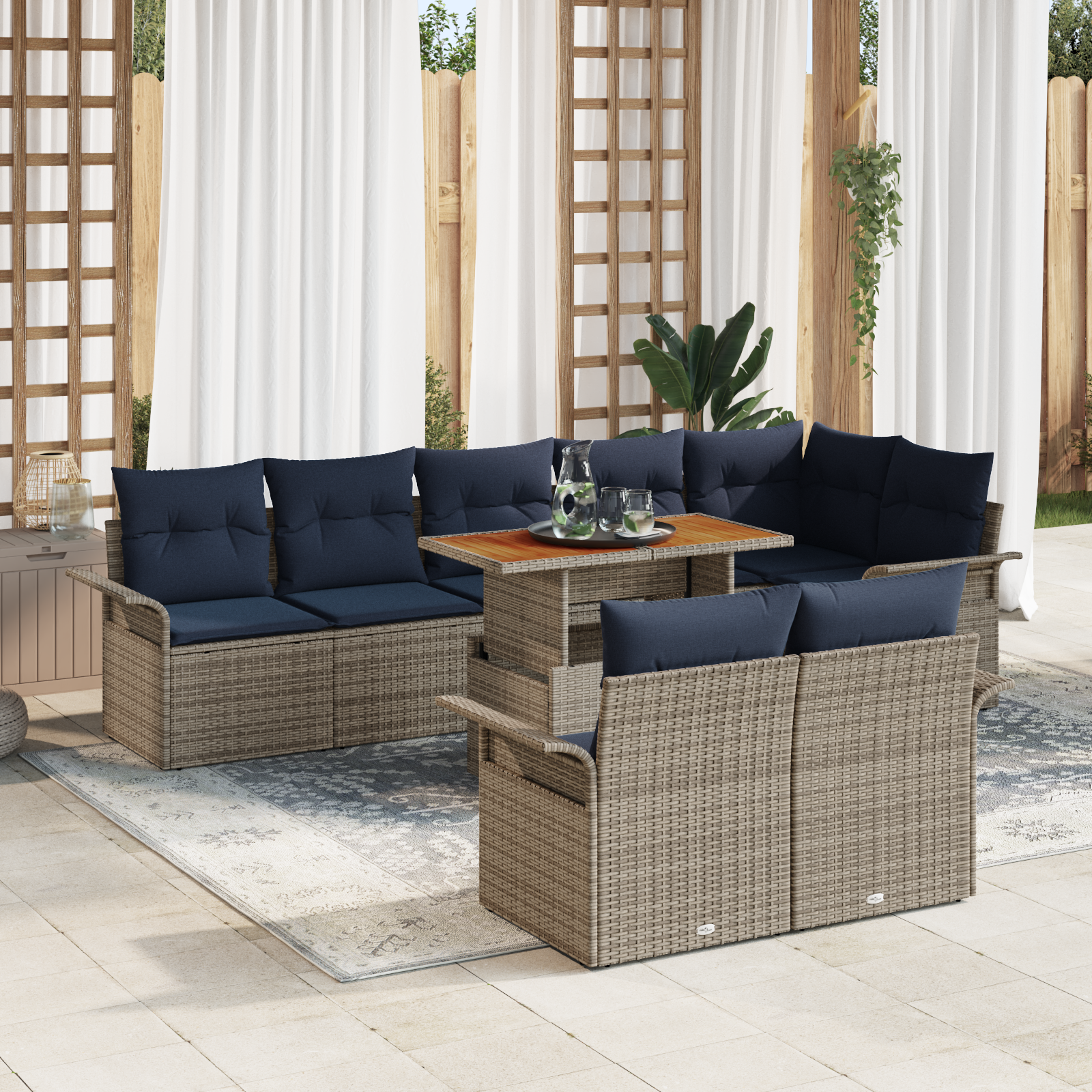Sodo Sofų Rinkinys su pagalve 9 pcs pilka ir tamsiai mėlyna
