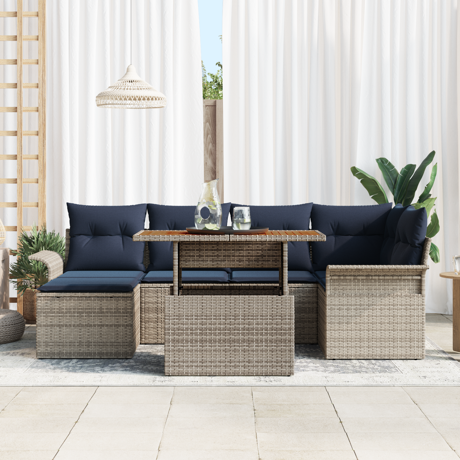 Sodo Sofų Rinkinys su pagalve 7 pcs pilka ir tamsiai mėlyna
