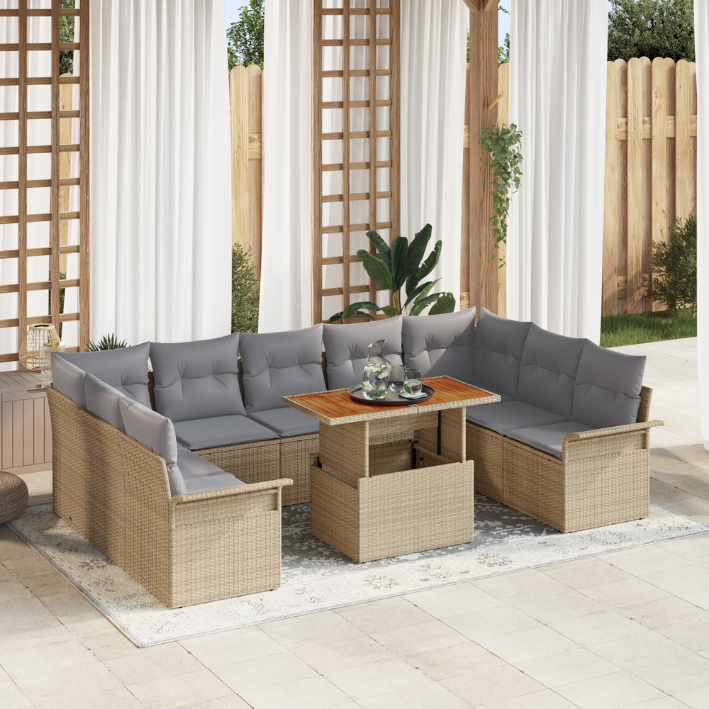 10-piece outdoor dining set with beige poly rattan and acacia wood details.