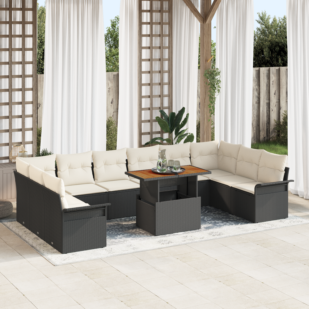 11-piece garden dining set with cushions, black poly rattan, acacia