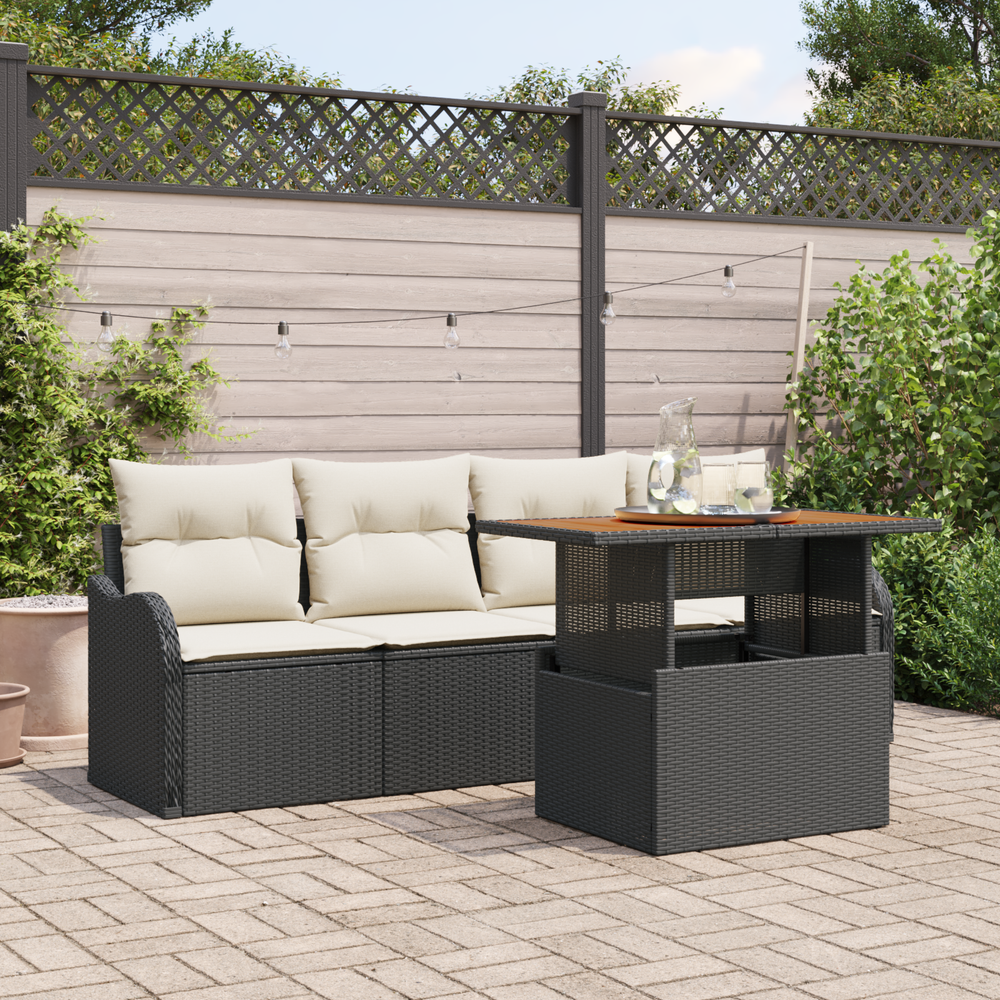 5-piece garden sofa set with black cushions. Made of poly rattan and acacia wood.