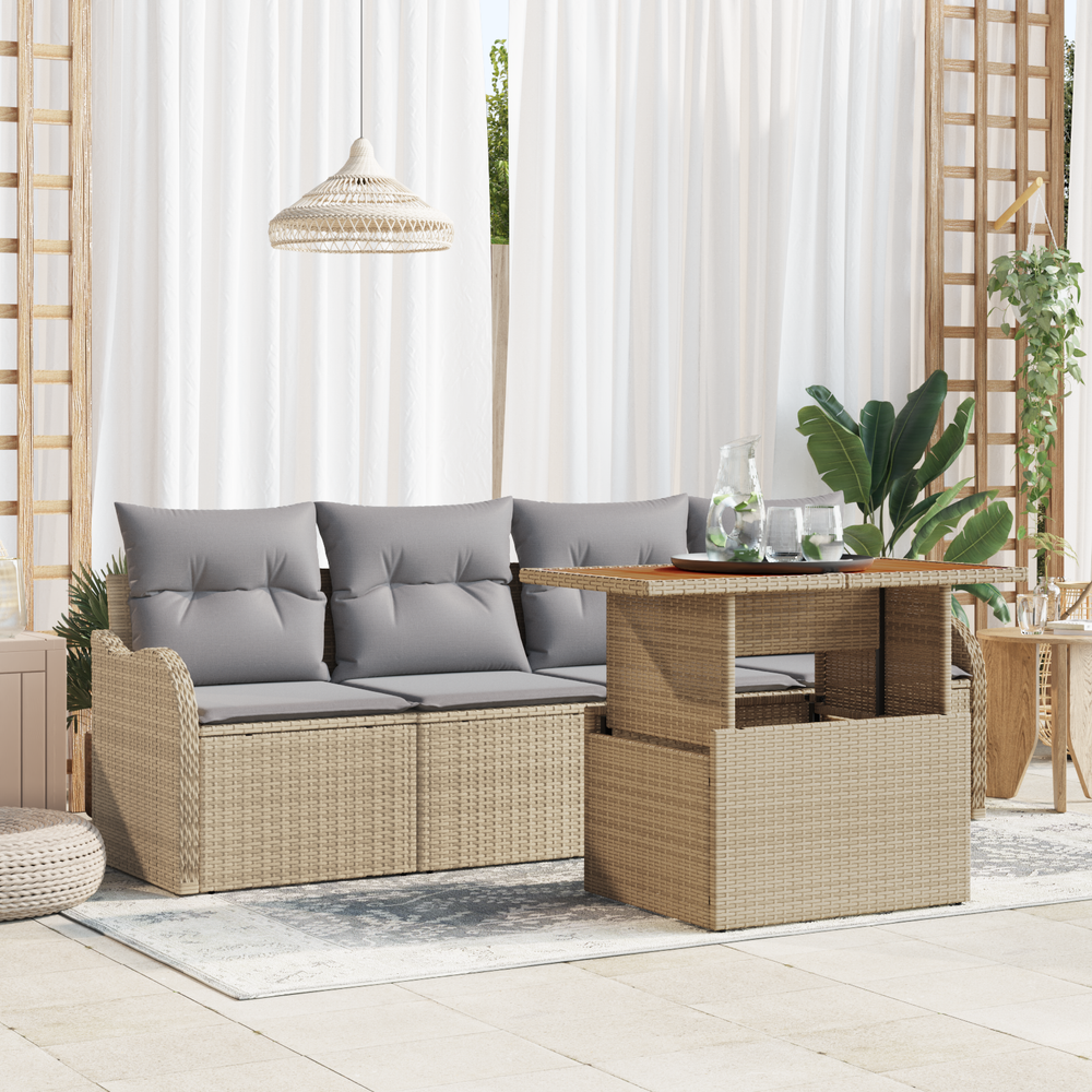 5-piece garden sofa set with beige poly rattan and acacia.