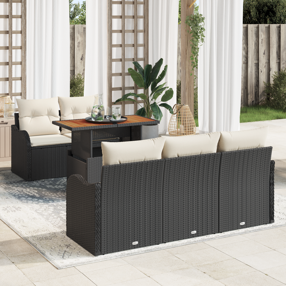 6-piece garden sofa set with cushions, black poly rattan, acacia.