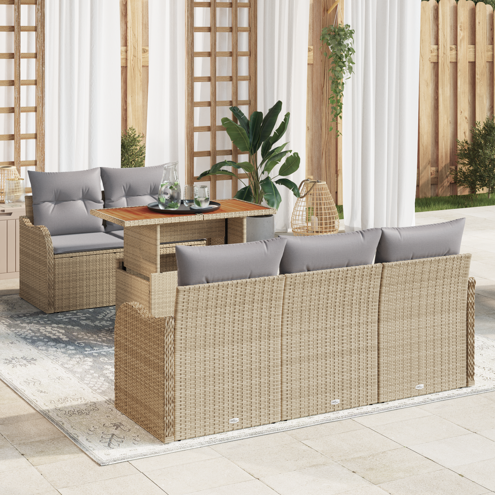 6-piece garden sofa set with cushions, sand color, from poly rattan acacia