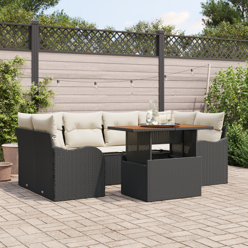 7 Piece Outdoor Sofa Set with Cushions Black Poly Rattan and Acacia
