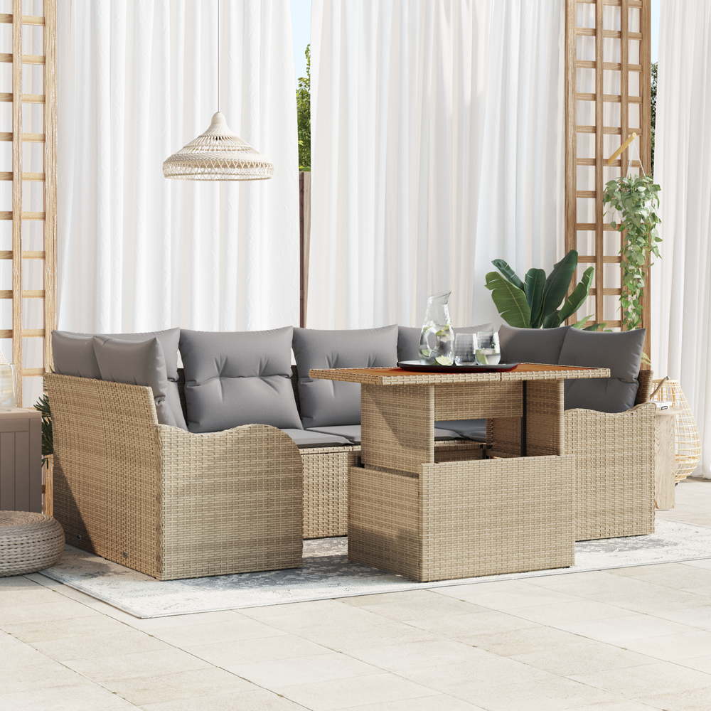 7-Piece Garden Sofa Set with Cushions, Sand, Poly Rattan, Acacia