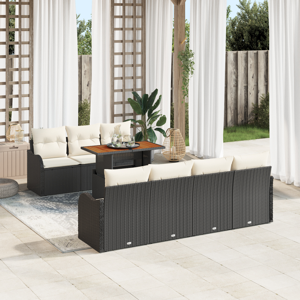 8-Piece Garden Sofa Set with Cushions, Black Poly Rattan, Acacia Wood