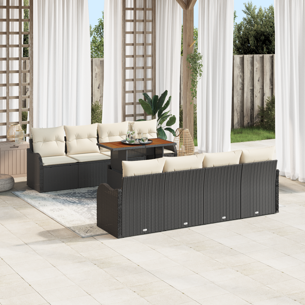 9-piece garden sofa set with cushions, black poly rattan, acacia.