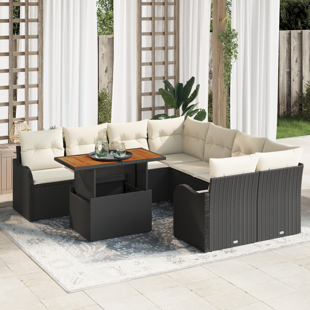 9-piece garden sofa set with black cushions in poly rattan
