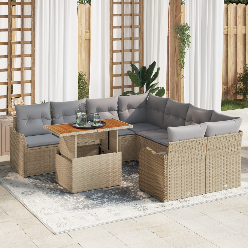 9-piece garden sofa set with cushions sand poly rattan acacia