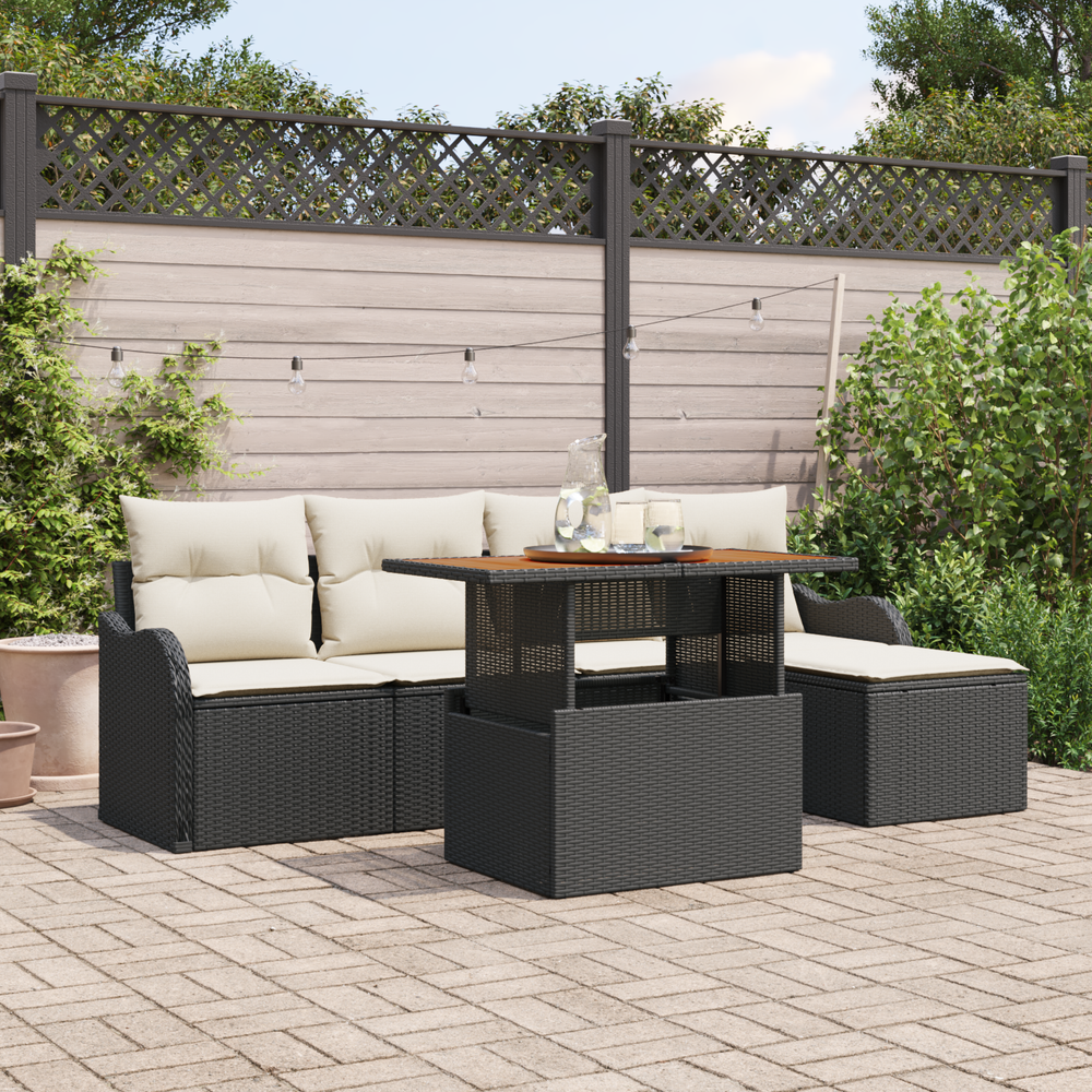 6-piece garden sofa set with cushions, black, poly rattan, acacia wood