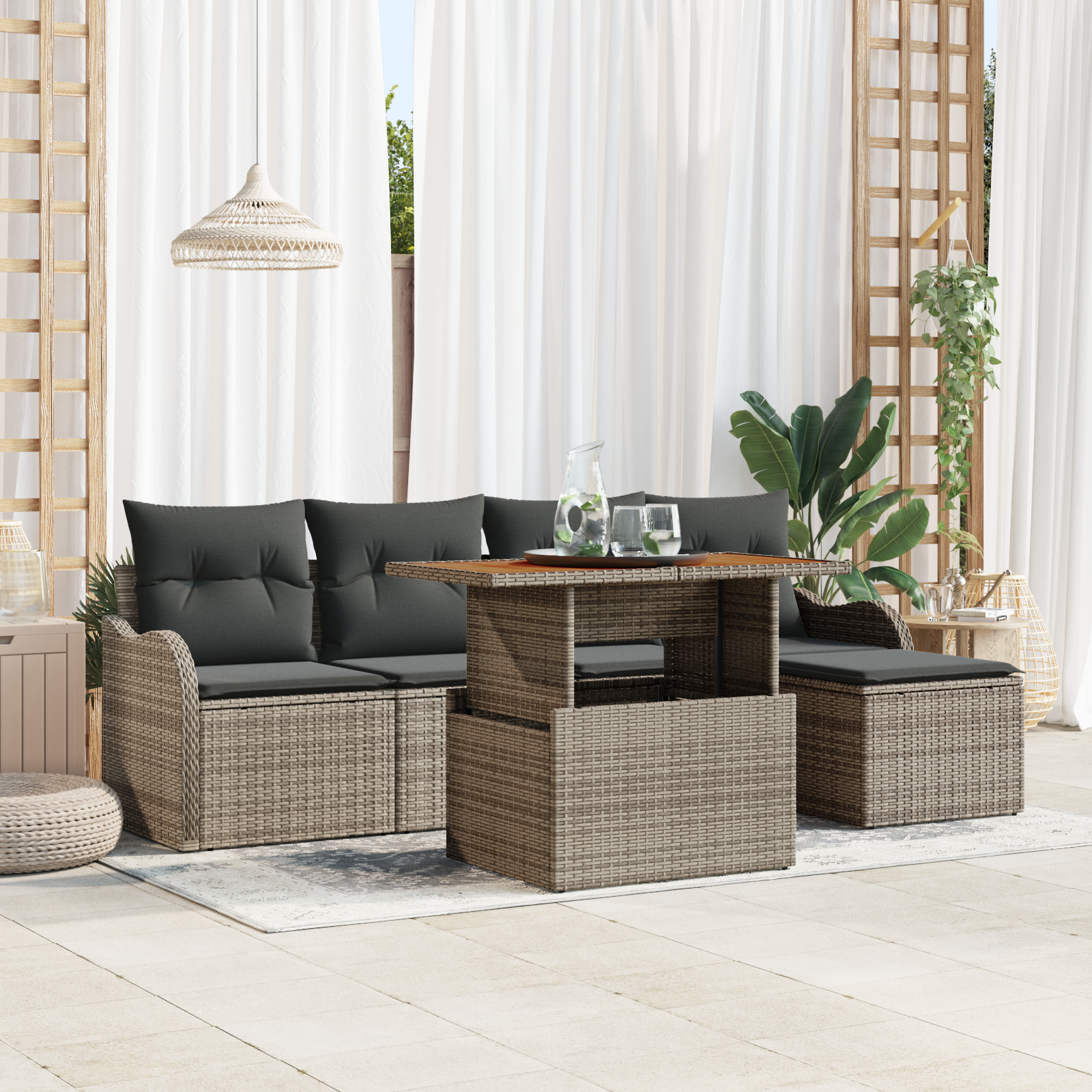 6 dalių sofa komplektas su pagalvėm sode, pilkas, pagamintas iš poli ratanų ir akacijos