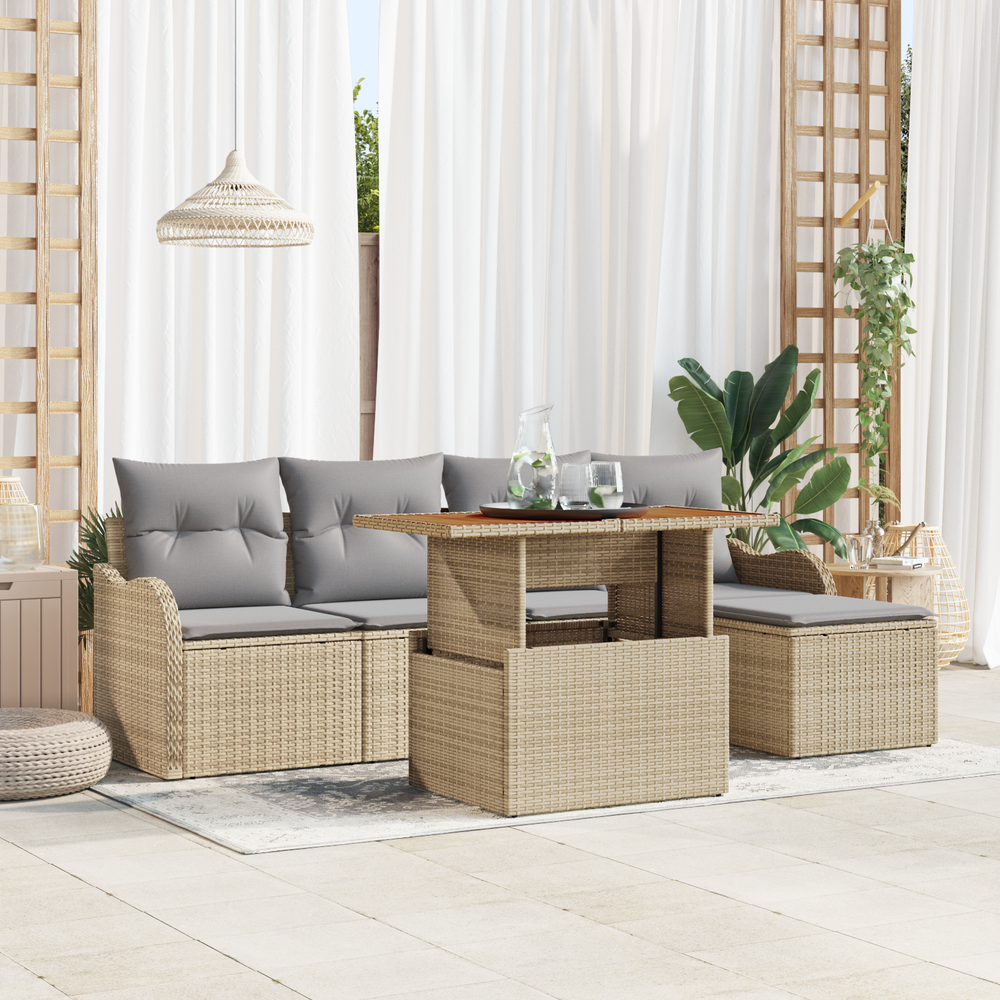 6-piece garden sofa set with cushions, beige poly rattan and acacia wood