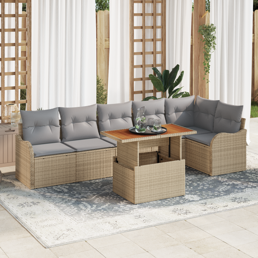 7-Piece Garden Sofa Set with Cushions Sand Poly Rattan Acacia