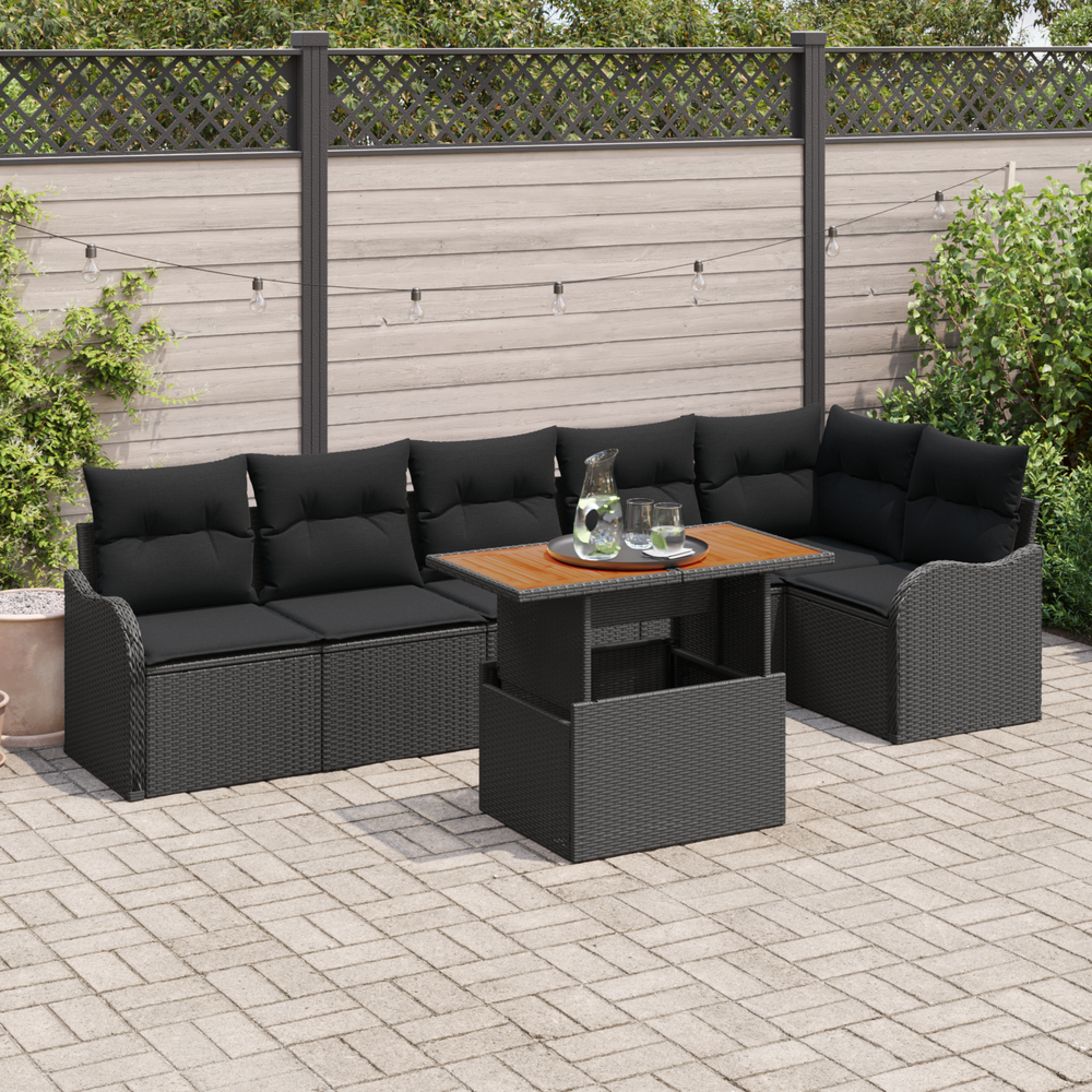 7-piece garden sofa set with black poly rattan cushions