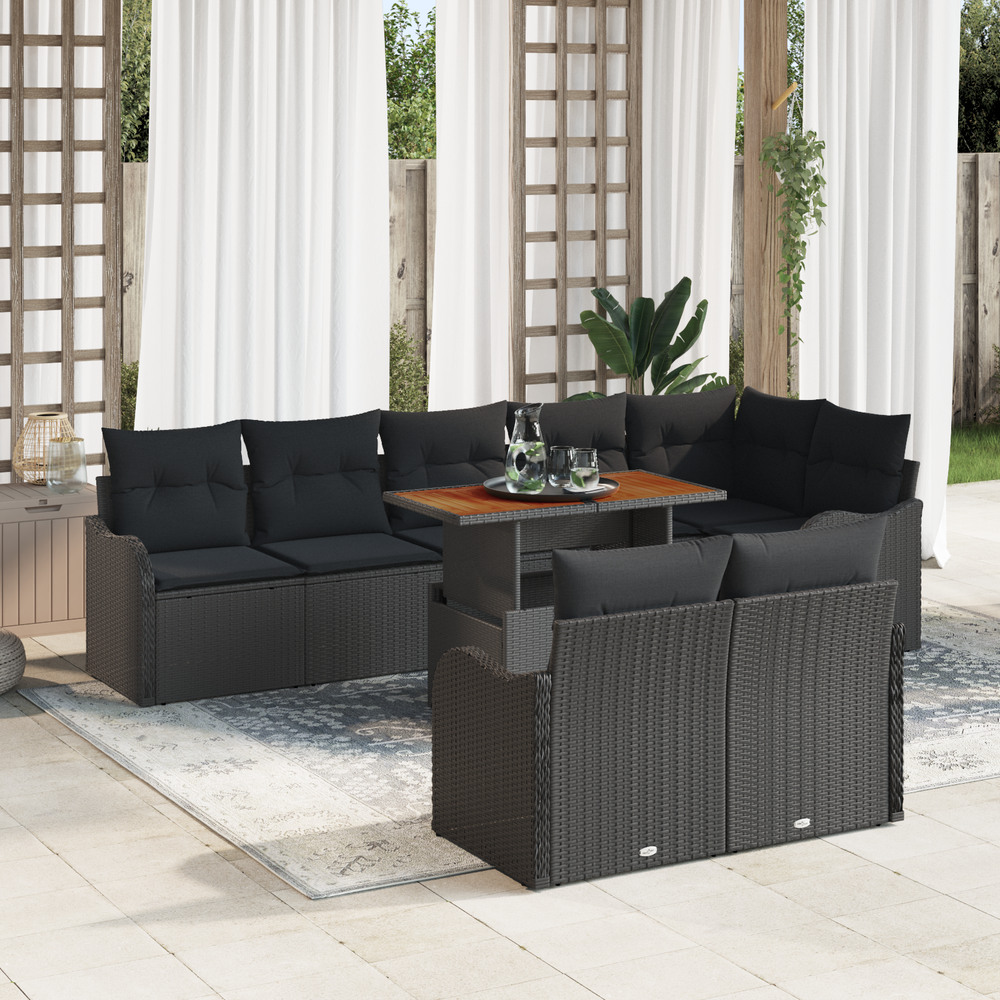 9-piece garden sofa set with cushions - black poly rattan and acacia.