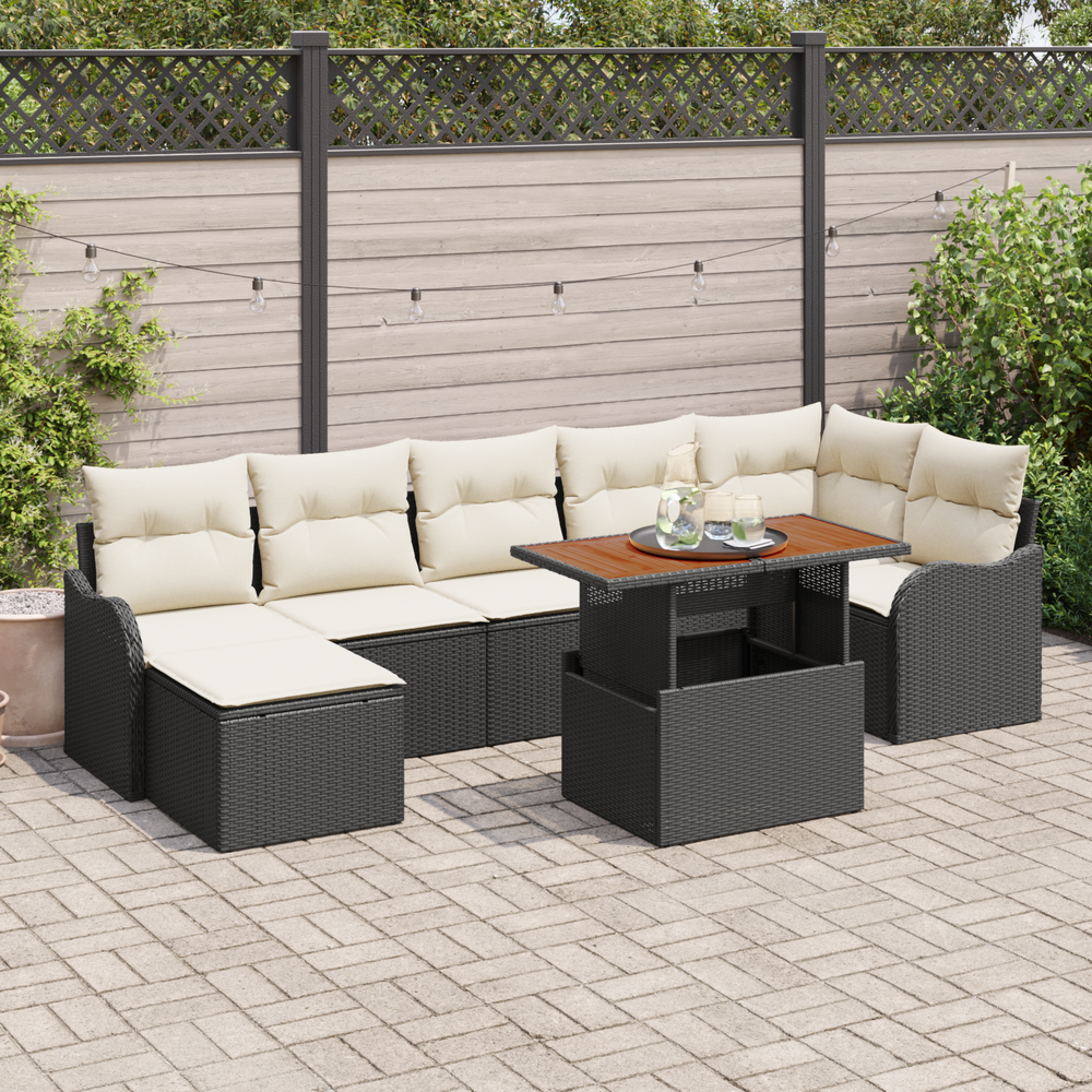 8-piece garden sofa set with cushions, black poly rattan, acacia wood.