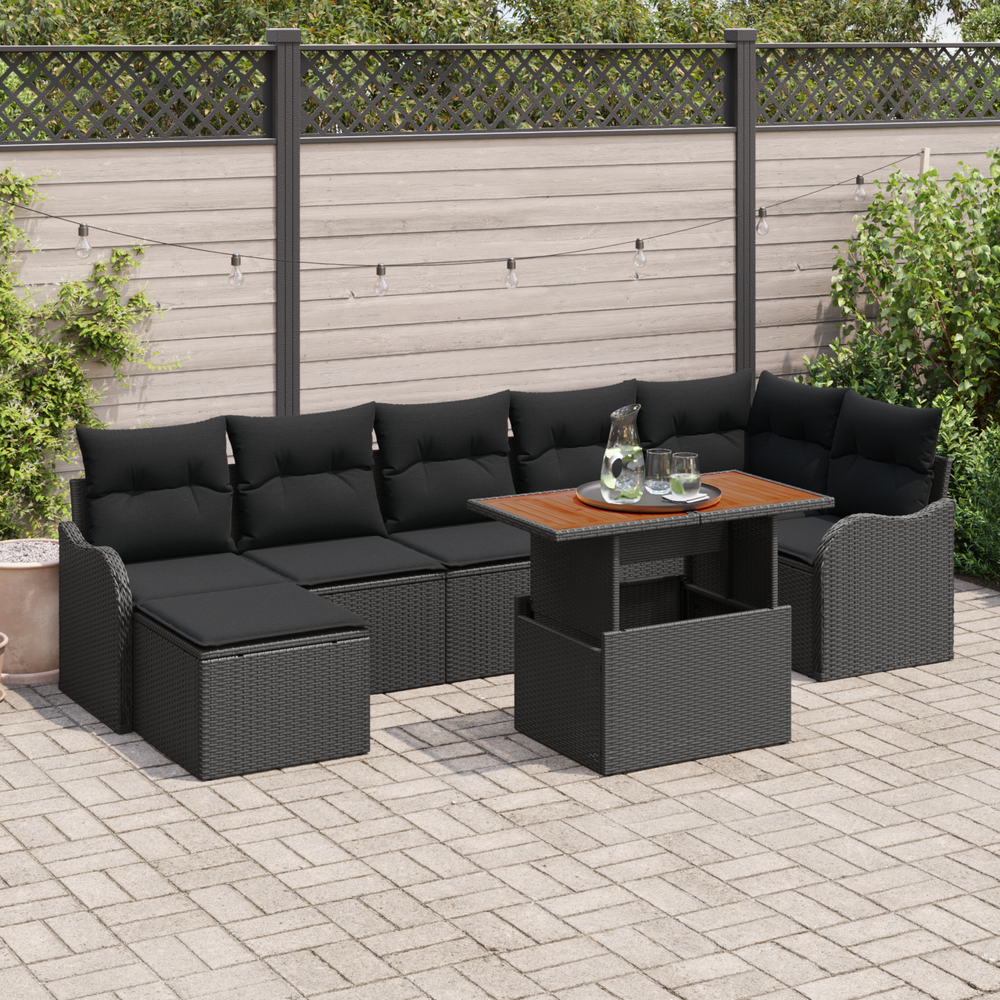 8-piece garden sofa set with black cushions, poly rattan