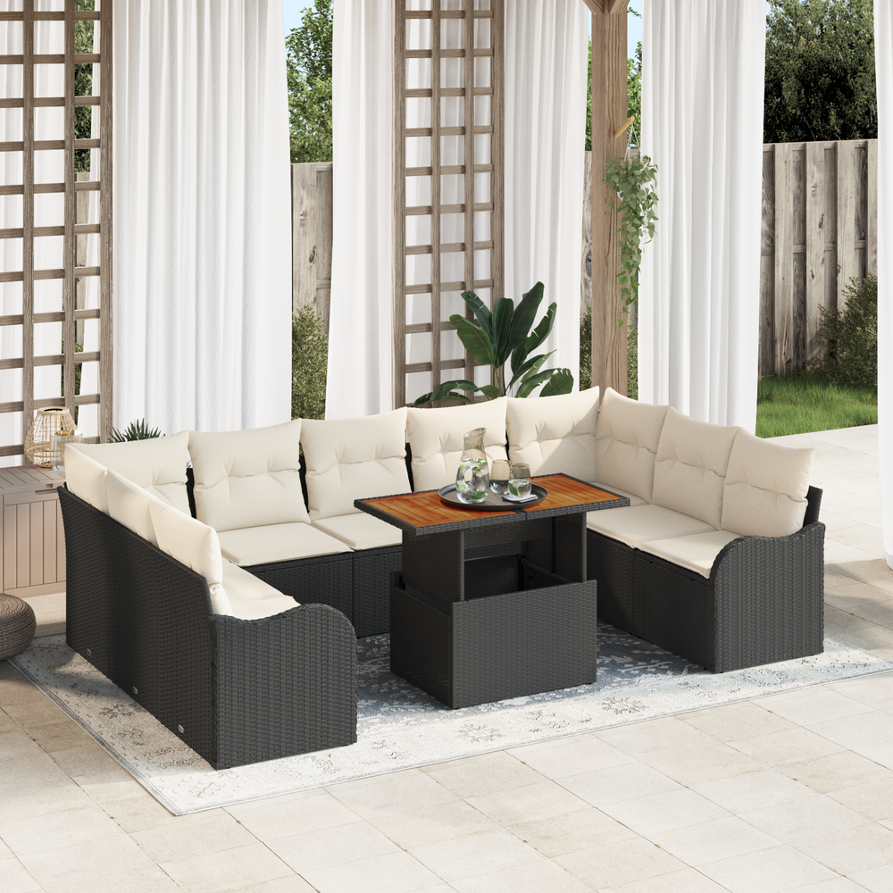 10-Piece Garden Sofa Set with Cushions Black Poly Rattan Acacia
