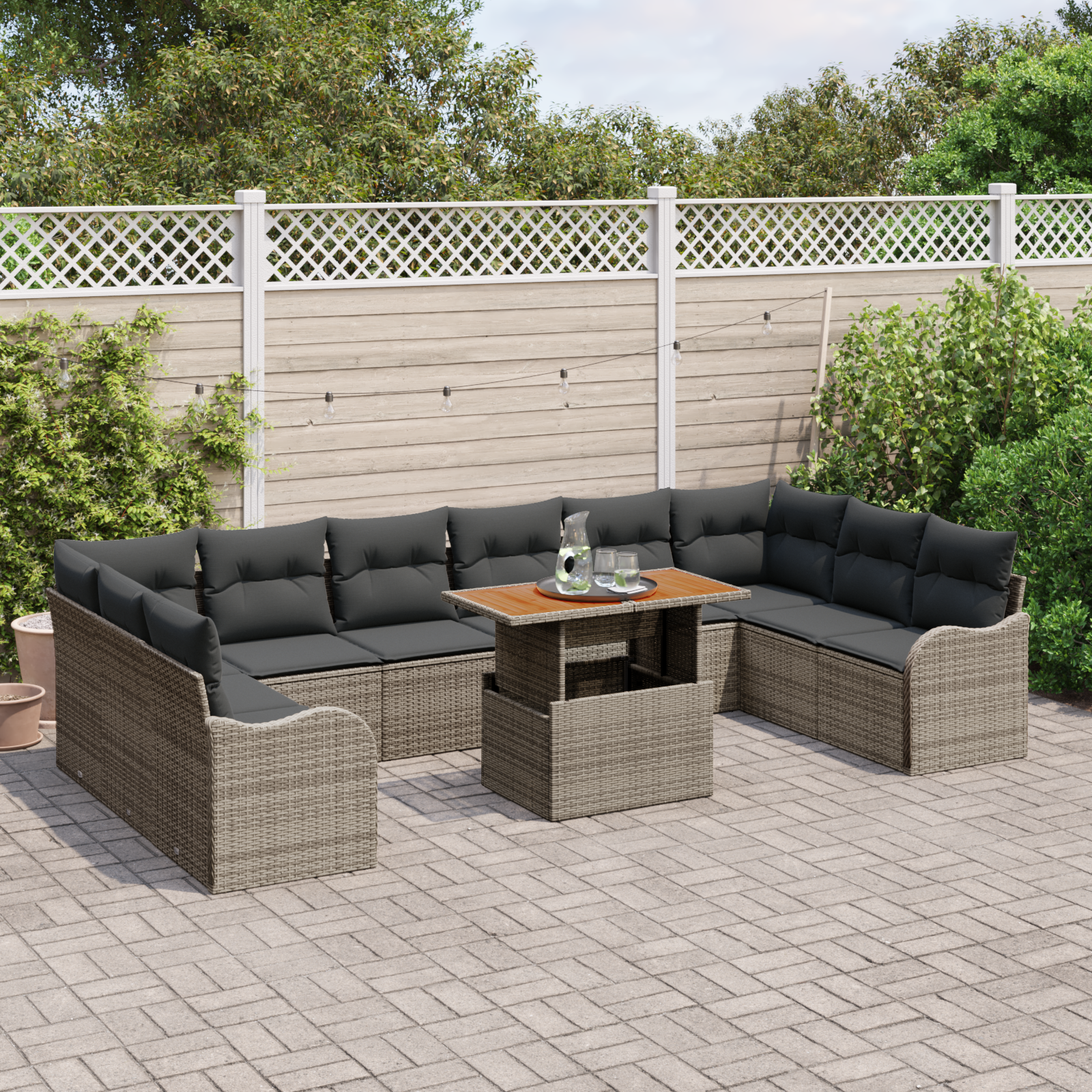 11 dalių sodų sofa rinkinys su pagalvėlėmis, pilkas poli ratanas, akacijos