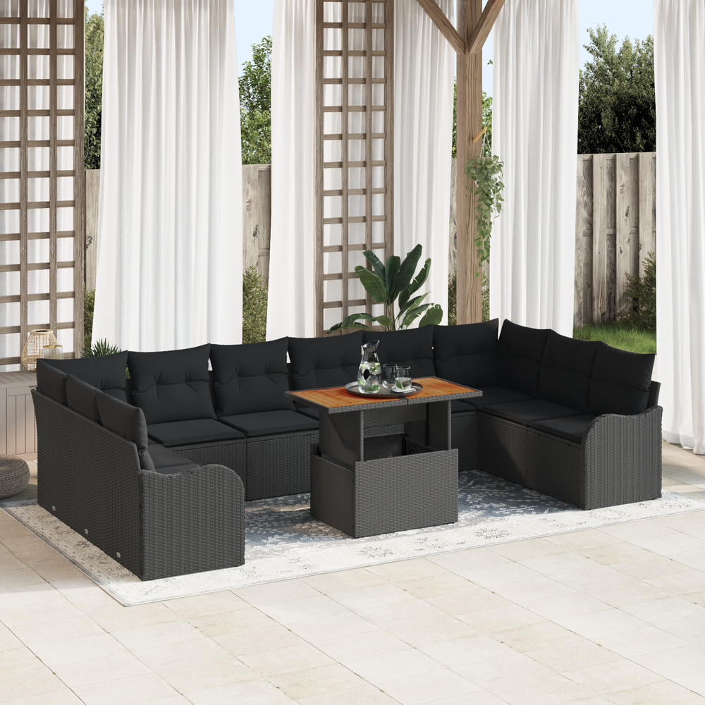 11-piece Garden Sofa Set with Cushions, Black Poly Rattan and Acacia Wood.