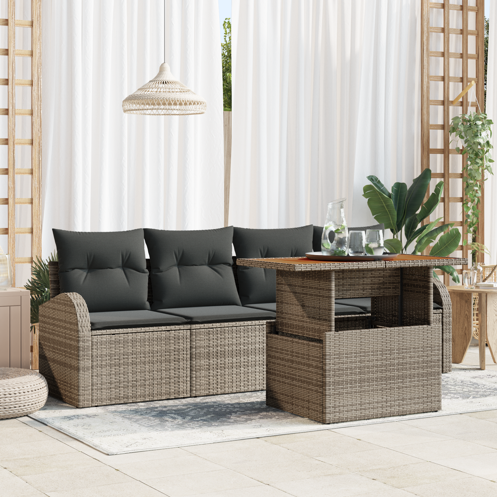 5-piece garden dining set with grey cushions, made of poly rattan and acacia wood