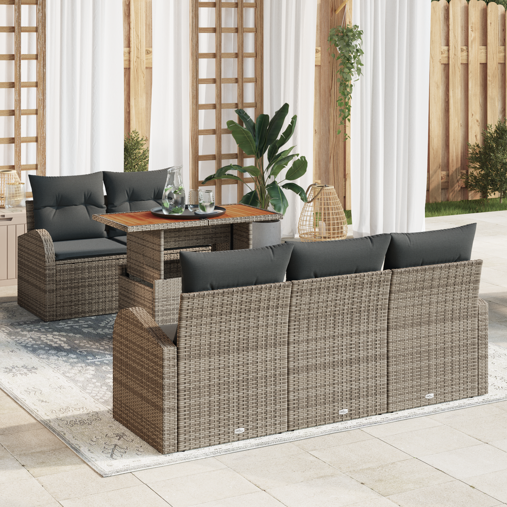 6-piece garden dining set with cushions, grey poly rattan, acacia