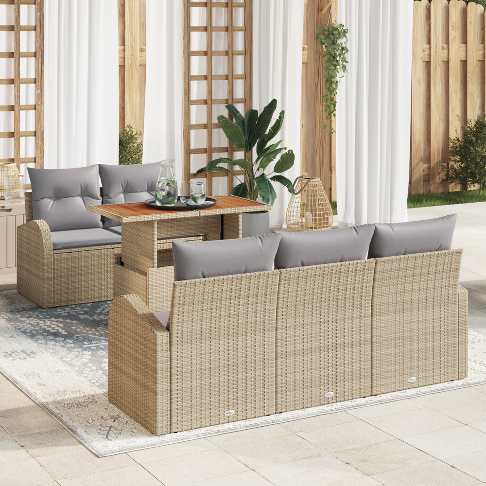 6-Piece Garden Dining Set with Cushions, Beige Polyrattan and Acacia Wood.