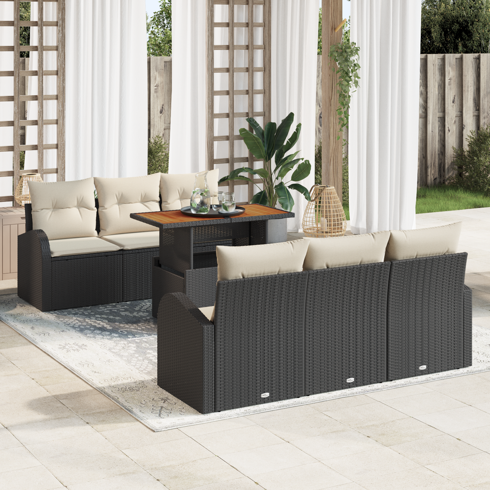 7-piece Garden Dining Set with Cushions Black Poly Rattan Acacia