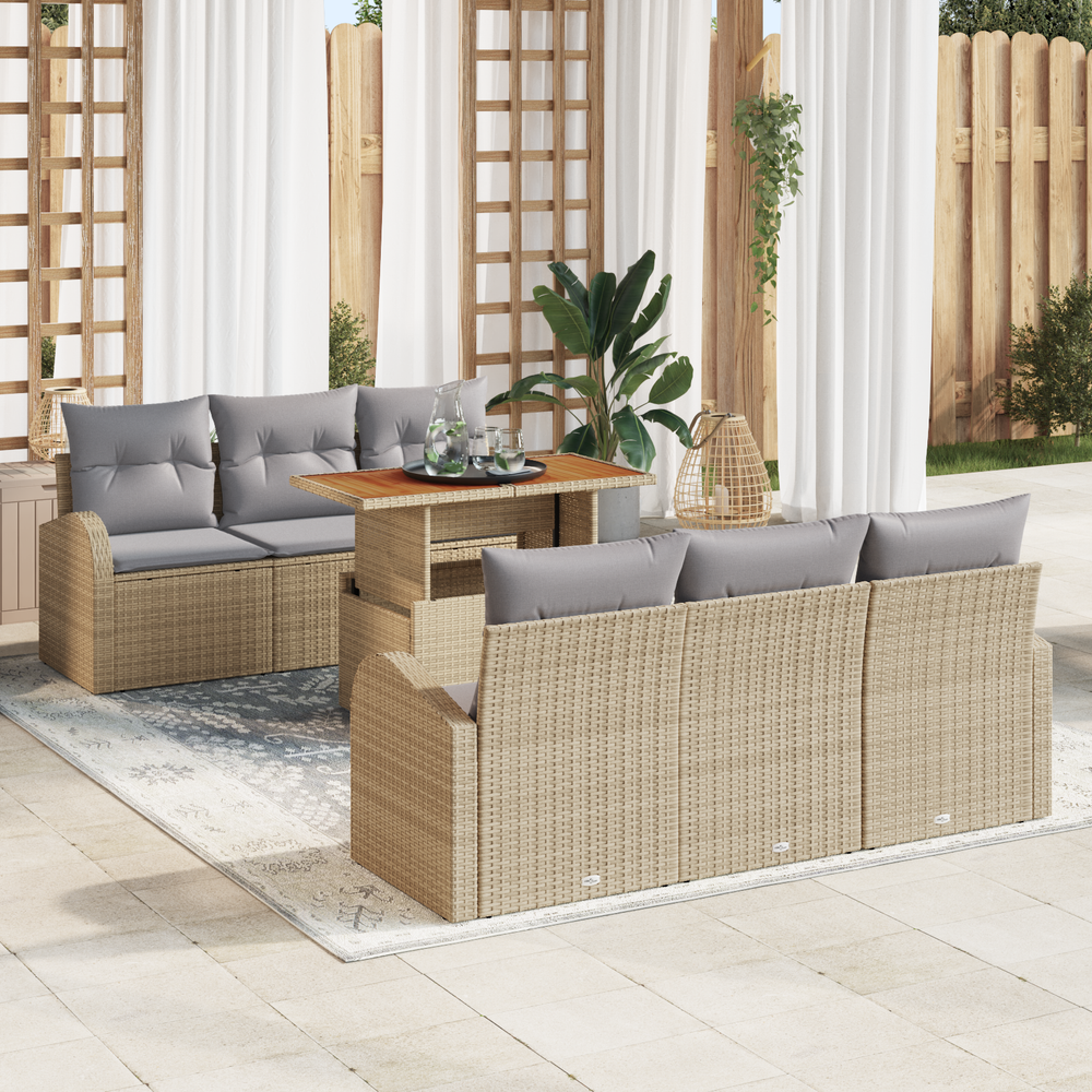 7-piece garden dining set with cushions, beige poly rattan, acacia