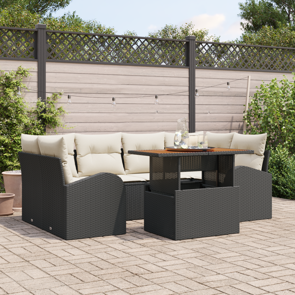 7-piece Garden Dining Set with Cushions Black Poly Rattan Acacia