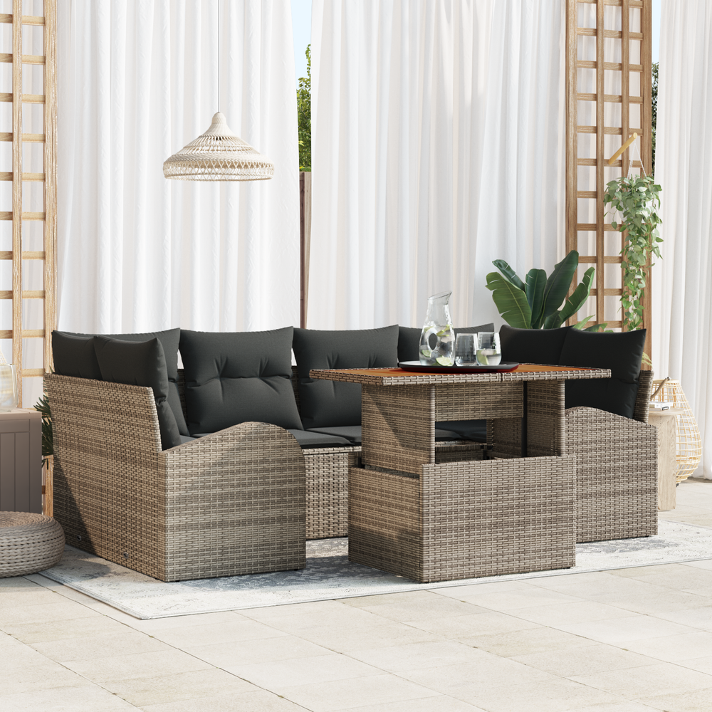 7-piece outdoor dining set with cushions grey poly rattan acacia