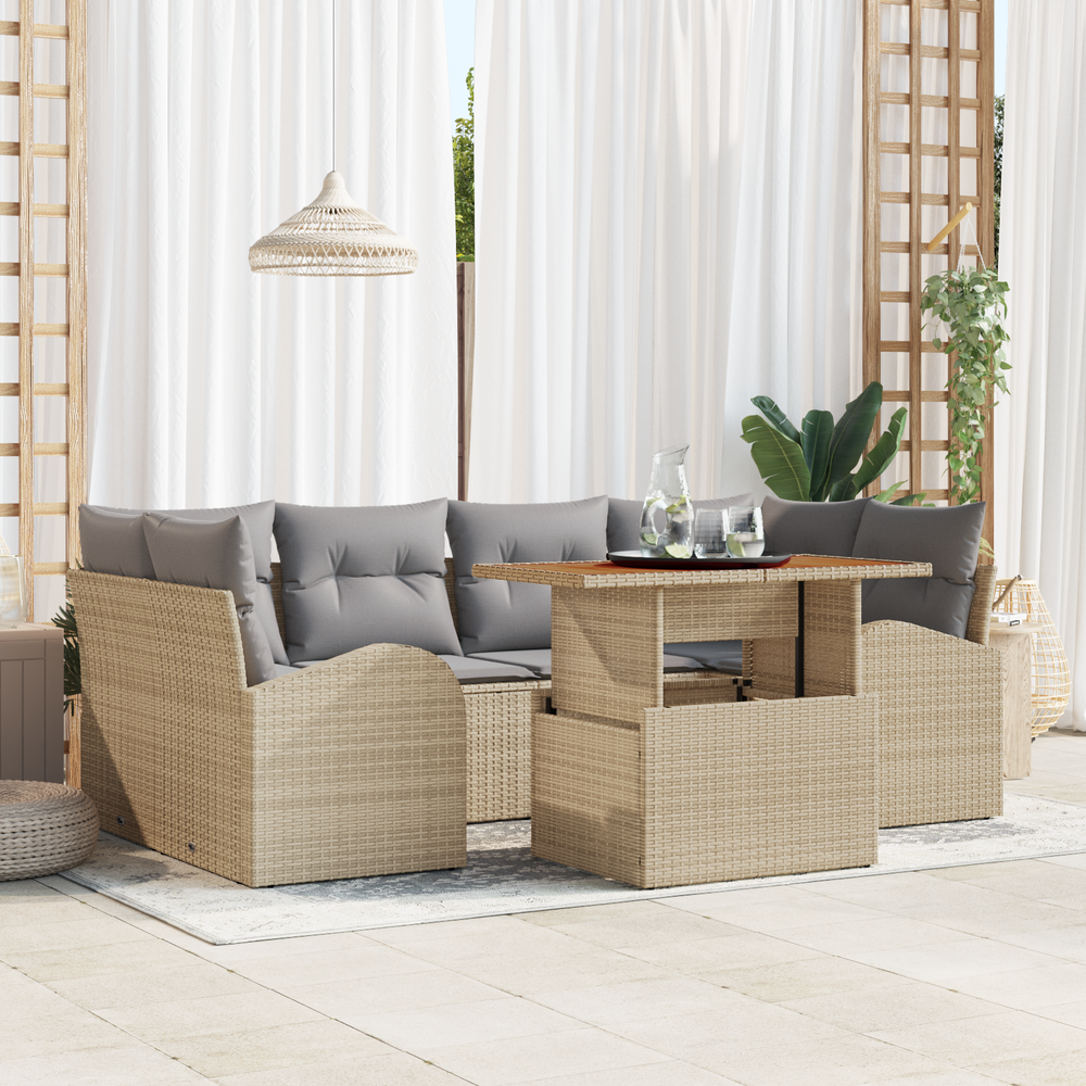 7-Piece Garden Dining Set with Cushions Beige Poly Rattan Acacia