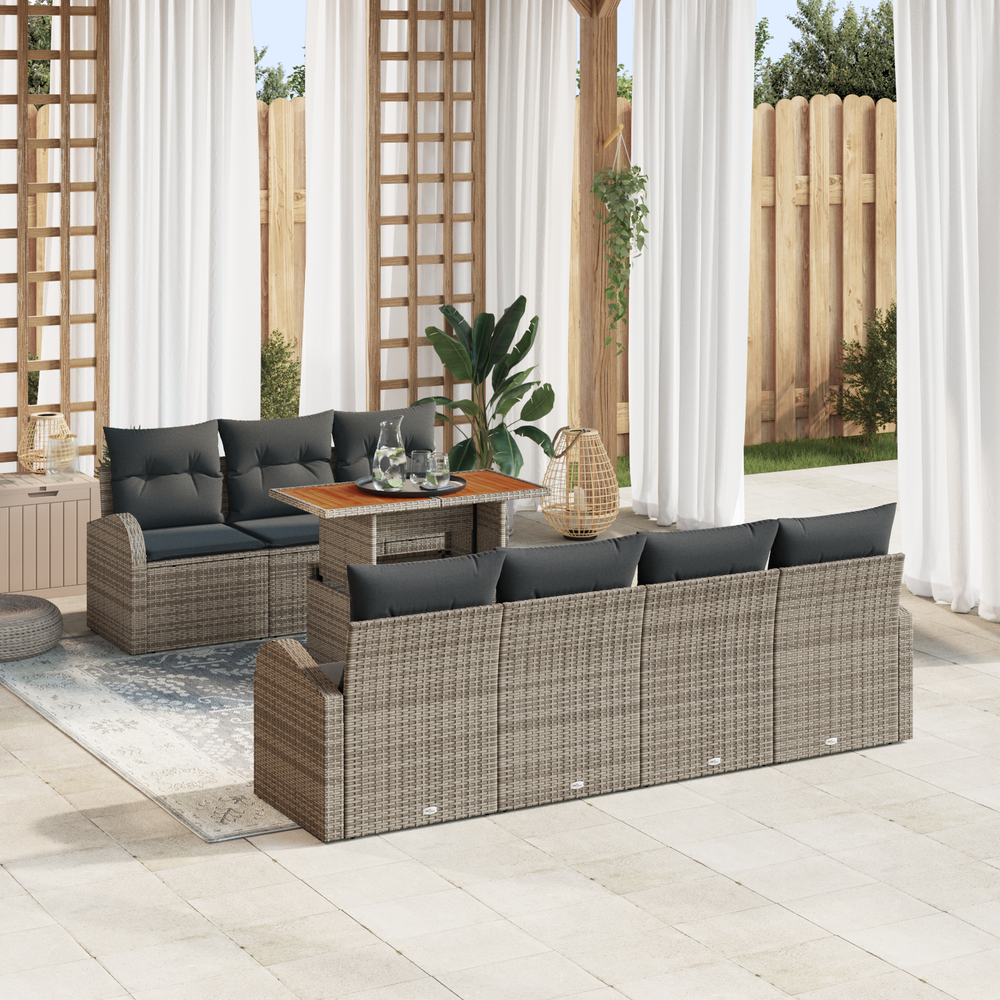8-piece outdoor dining set with cushions grey poly rattan and acacia