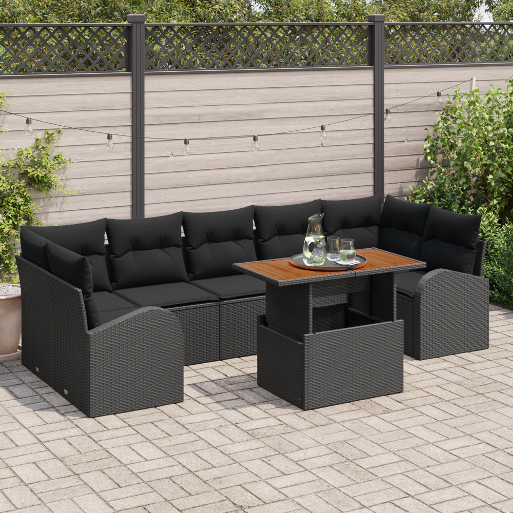 8-piece garden dining set with cushions, black poly rattan, acacia wood