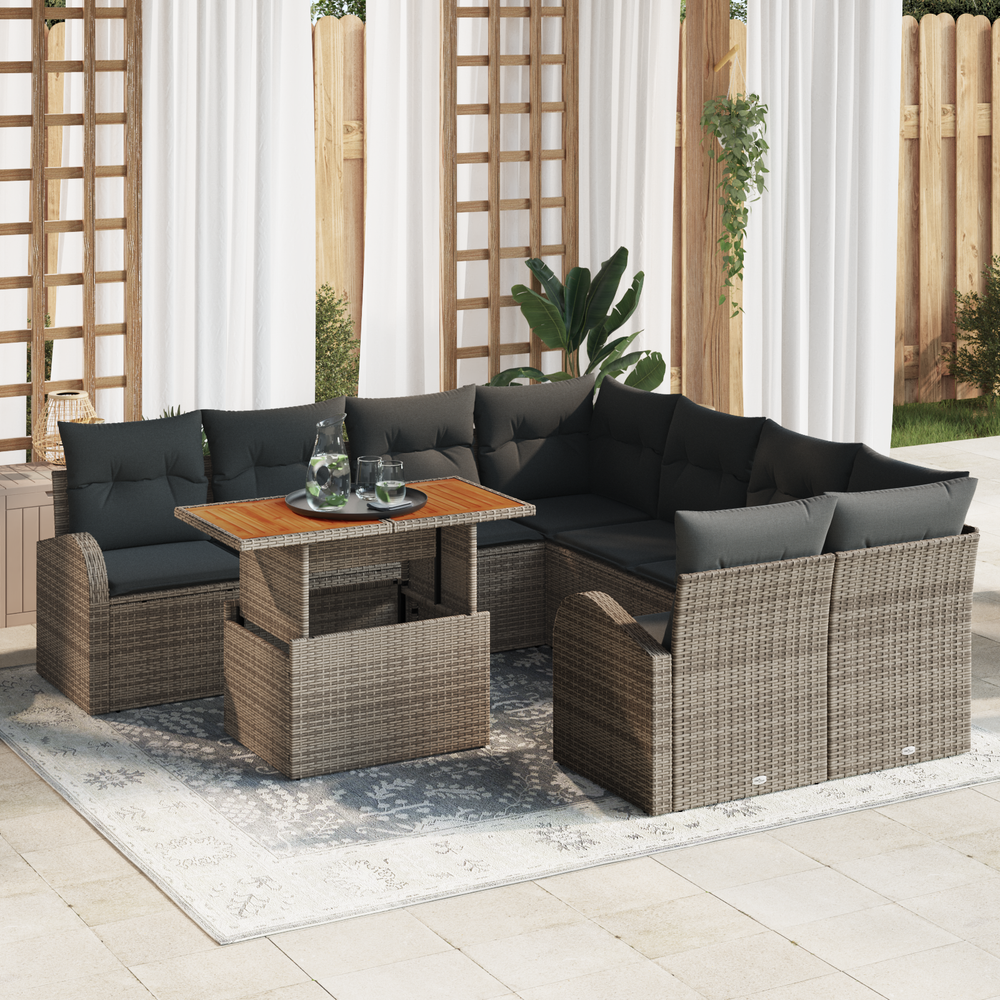 9-piece Garden Dining Set with Cushions, Grey Poly Rattan, Acacia Wood.