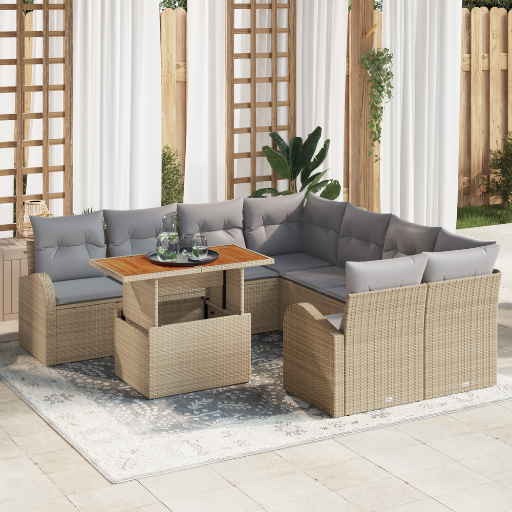 9-piece garden dining set with cushions, acacia wood and poly rattan.