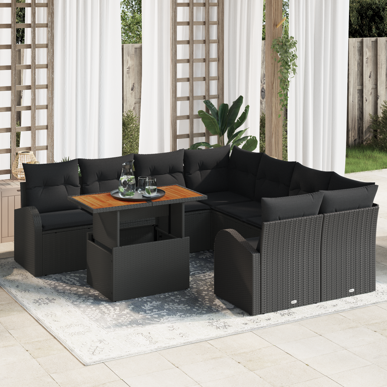 Sodo Sofų Rinkinys su pagalve 9 pcs Juoda