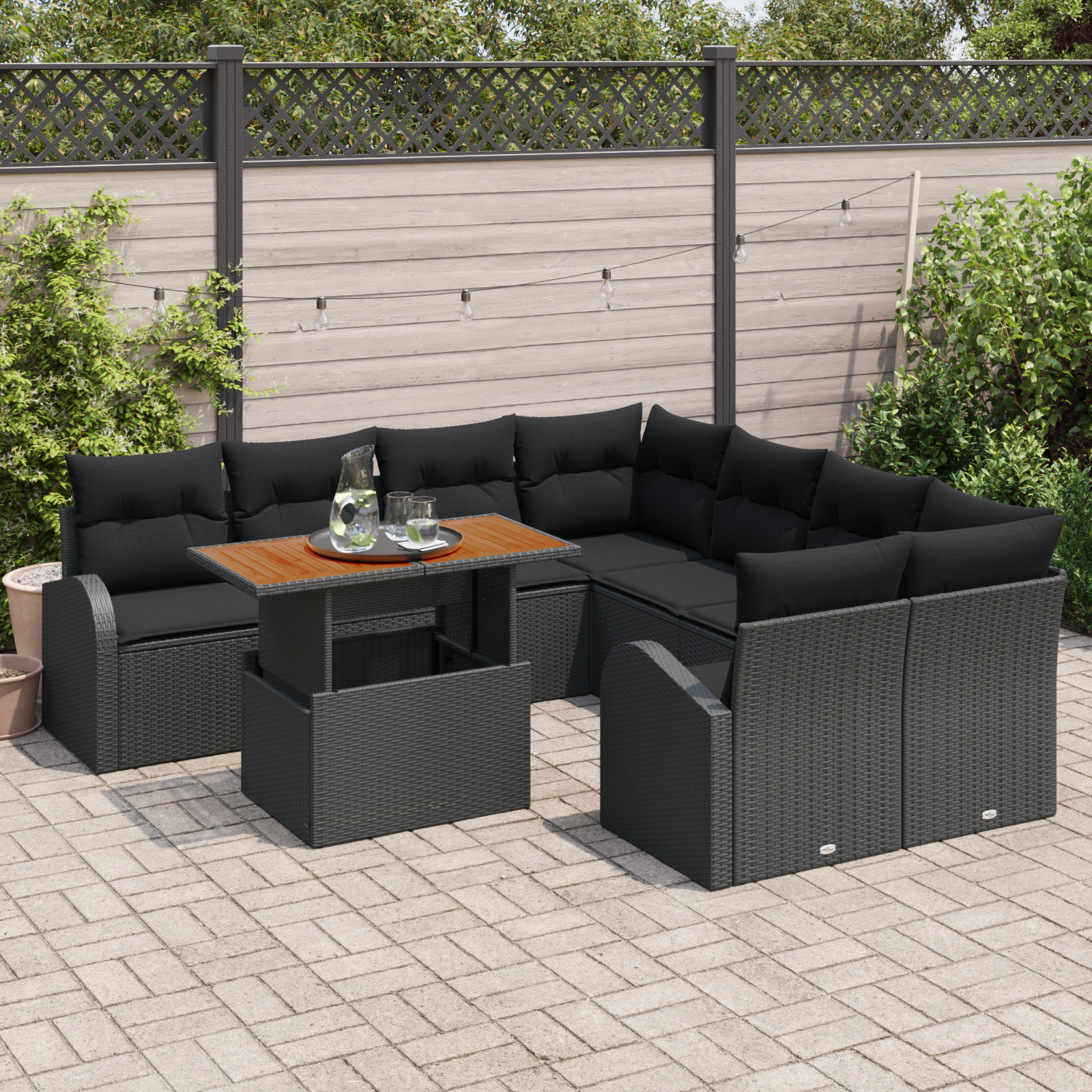 Sodo Sofų Rinkinys su pagalve 9 pcs Juoda