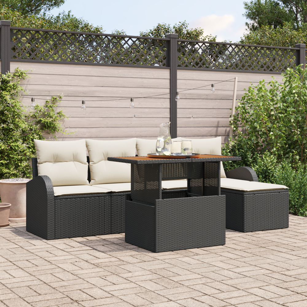 6-piece garden dining set with cushions, black poly rattan and acacia wood