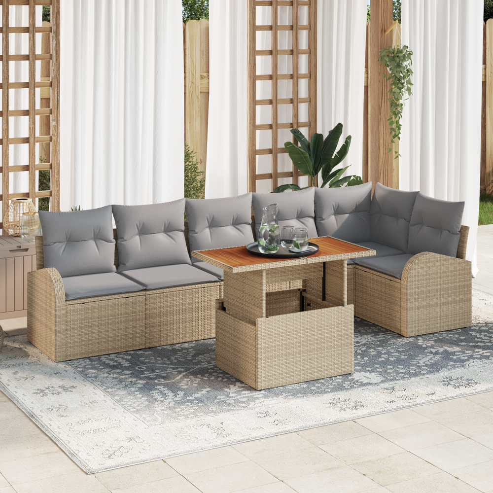 7-piece garden dining set with cushions, sand-colored poly rattan, acacia