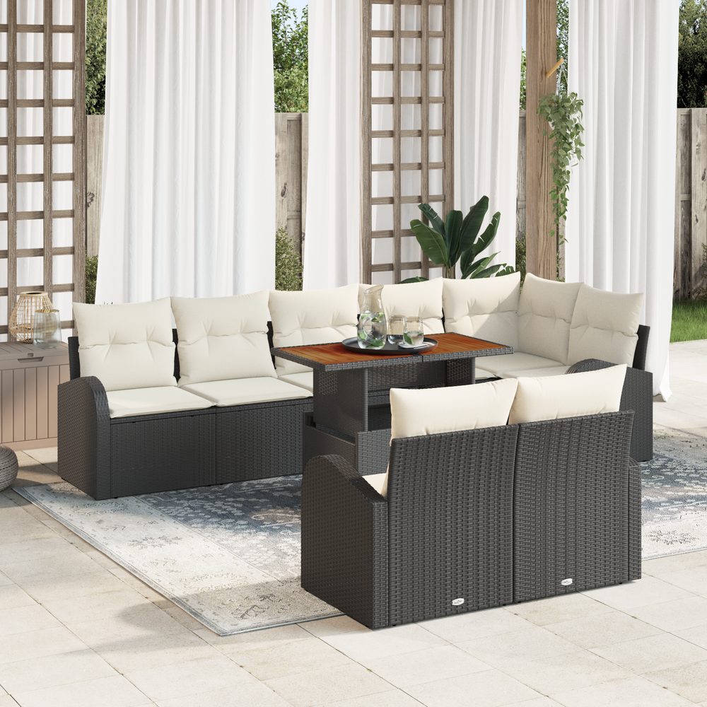 9-piece Garden Dining Set with Cushions Black Poly Rattan and Acacia