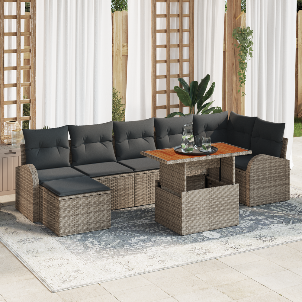 8-piece garden dining set with cushions, grey poly rattan acacia