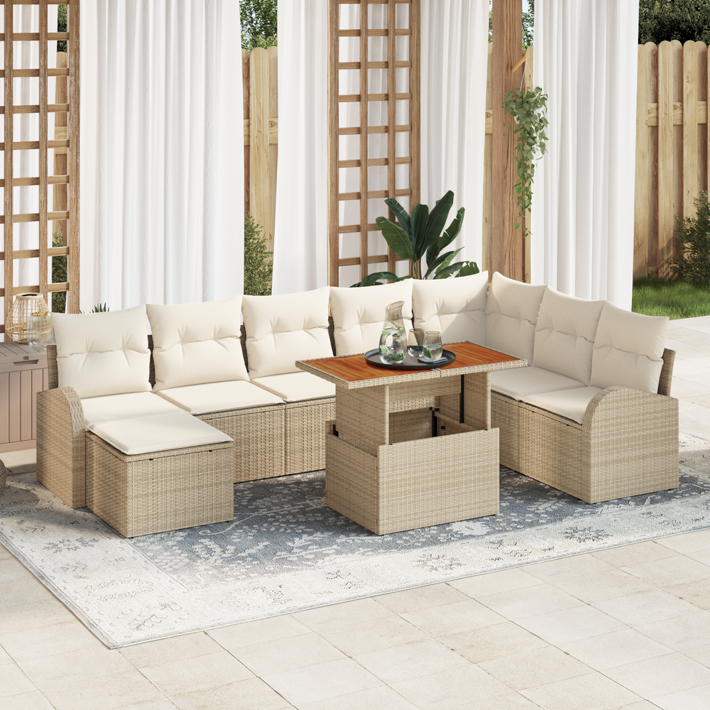 9-piece garden dining set with cushions sand poly rattan acacia